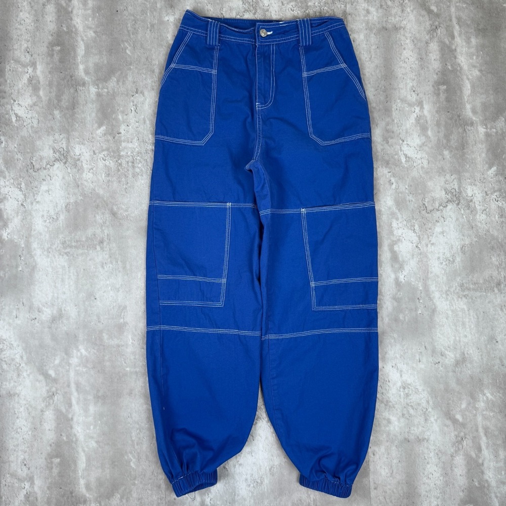 Edikted Rave Pants Womens Small Blue Barrel Leg Dance Emo Party Cargo Pocket